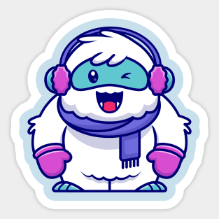 Cute Yeti Wearing Scarf, Glove And Earmuff Cartoon Sticker